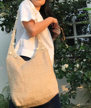 Crochet Tote Bag Hemp,Cotton Flower Vine|Beige