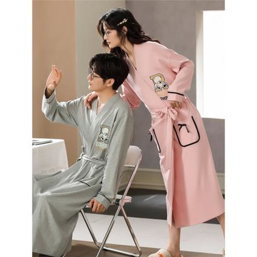 純棉情侶私密睡袍情侶春秋長袖睡衣晨袍中長2025新款日式系帶套裝