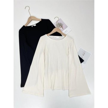 C6時裝喇叭袖~日單25秋款長袖軟糯圓領羅紋料溫柔風女柔軟舒適