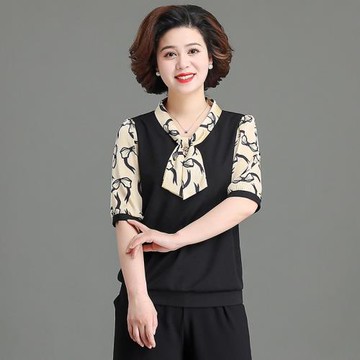 媽媽夏裝中老年女裝奶奶套裝短袖t恤雪紡衫中袖上衣老人太太衣服