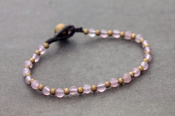 基本玫瑰石英黃銅串珠手鍊簡單棉編織手鍊