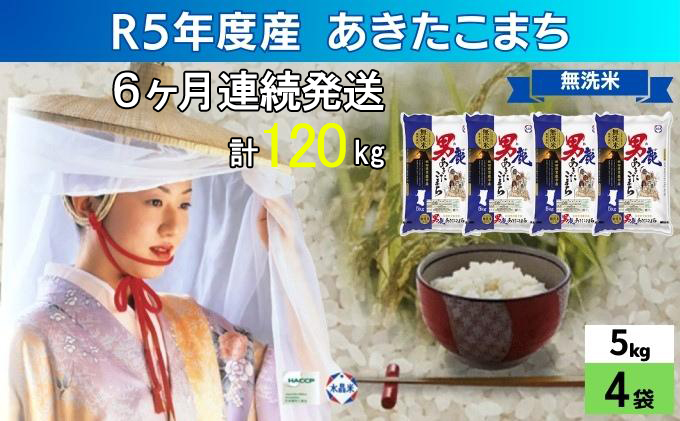 定期便 無洗米 令和5年産 あきたこまち 20kg 5kg×4袋 6ヶ月連続発送（合計 120kg） 秋田食糧卸販売