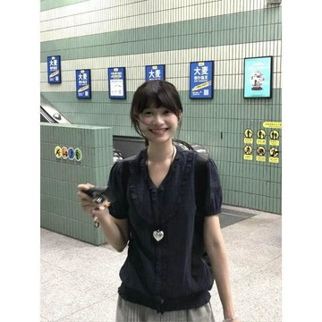 🐻x日系復古木耳邊泡泡袖格紋短袖襯衫女2026夏季新款學生設計感上衣