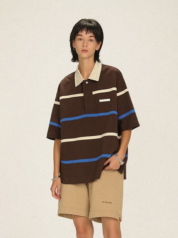 UNVENSO 霓虹 條紋撞色拼接POLO短袖T恤國潮情侶裝復古 SWS-1564