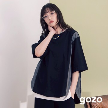 【gozo】異材質拼接造型鏤空打褶上衣(黑色/米白_F) | 女裝 圓領 休閒
