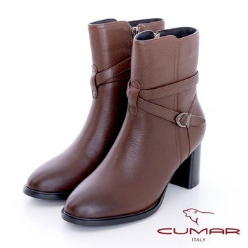 【CUMAR】交叉皮帶扣環粗跟短靴-咖啡色
