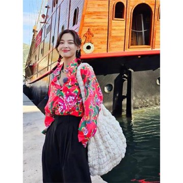 公司年會演出服辛芷蕾明星同款國潮寬松休閑搞怪東北大花穿搭襯衫