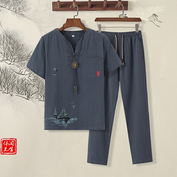 男士中國風短袖棉麻套裝 夏季中年男爸爸夏裝棉麻套裝男父親亞麻短袖中老年人夏天爺爺套裝