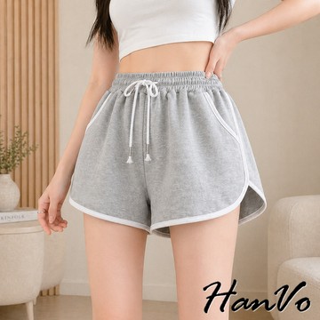 【HanVo】運動休閒質感短褲 女生短褲 韓系女裝 女生褲裝 棉質寬鬆褲 滾邊居家褲 有口袋 女短褲 A03-2117