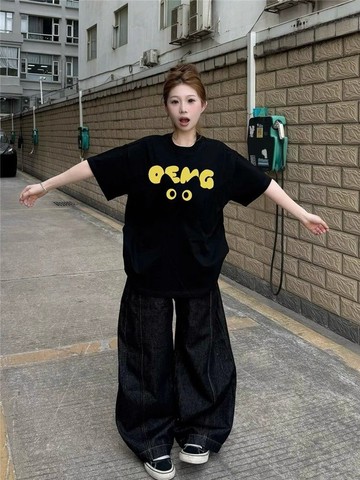 100%純棉黑色短袖t卹女高街寬鬆夏季新款設計感小眾美式半袖上衣