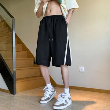 華夫格短褲男美式復古條紋運動褲夏季寬松直筒褲男士休閑褲五分褲