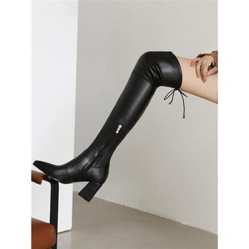 長筒靴棕色靴子女過膝靴粗跟高筒靴2022新款秋冬季彈力靴百搭中跟