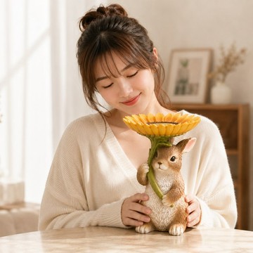 ZOOCRAFT擬真動物系列 兔子拿向日葵花朵造型鑰匙飾品零錢收納座