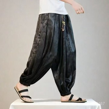 桃園出貨☘國風cos冰絲龍紋 九分褲 男士中國風哈倫褲垮褲寬鬆男士束腳褲 冰絲褲 長褲 日式 OTYN