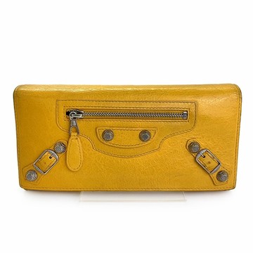 二手品 BALENCIAGA 巴黎世家 經典銀扣羊皮長夾(黃色)