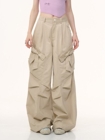 ziziFei夏新款美式復古高腰顯瘦蝴蝶結卡其色直筒闊腿休閒長褲女