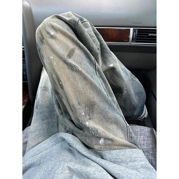 【男裝】臺灣出貨水洗髒染潑墨牛仔褲男潮牌美式高街vibe褲子設計感直筒彎刀微喇褲