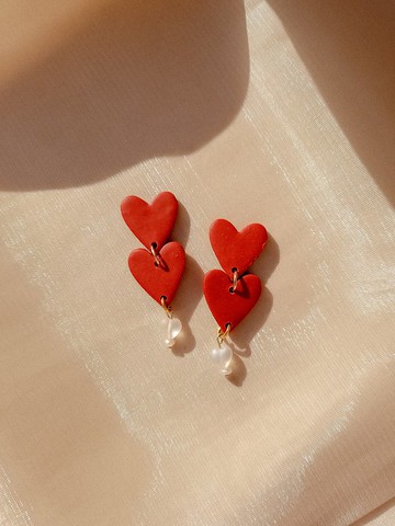 原創手作 Ocean On The Moon - 雙紅心珍珠軟陶耳環/耳夾