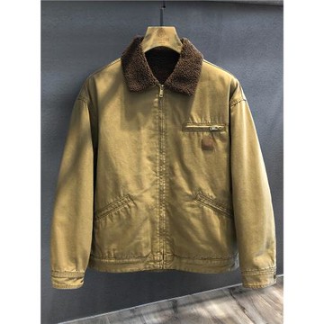 山系復古重磅羊羔絨加厚美式翻領夾克男士冬季加絨保暖工裝外套男