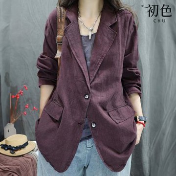 初色 復古棉麻風純色單排釦長袖西裝外套女外套-共3色-38543(M-2XL可選)