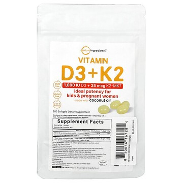 Micro Ingredients, 維生素 D3 + K2，300 粒軟膠囊