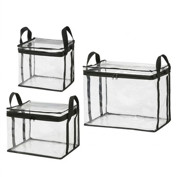 EZlife 透明可視加厚書本收納袋3件組 大(37 x 24 x 28cm) + 中(31 x 26 x 21.5cm) + 小(21 x 19 x 21cm)  黑色  1套