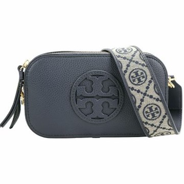 TORY BURCH Miller TB荔紋立體標誌皮革滾邊織帶斜背相機包(深藍)
