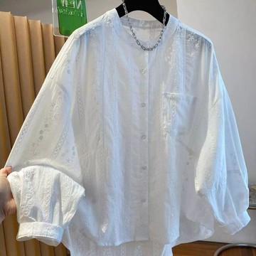 高級感白色刺繡薄款長袖春夏新款寬鬆超仙漂亮圓領防曬襯衫女 8N