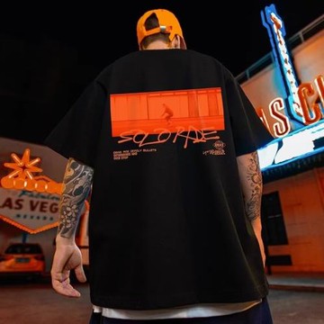 歐美hiphop潮牌高街印花短袖T恤男夏季胖哥加肥加大碼寬松五分袖