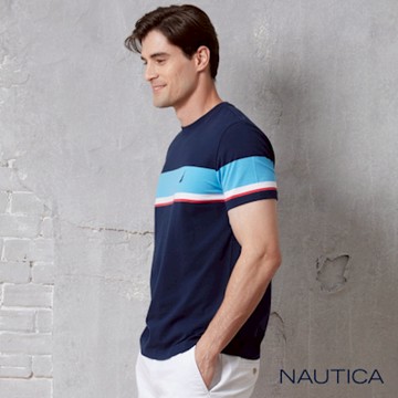Nautica 男裝 跳色拼接條紋短袖T恤-藍色