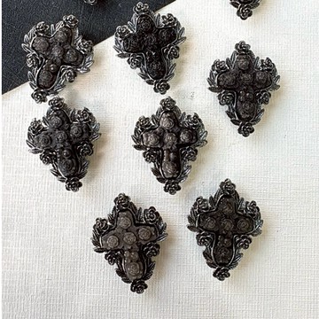 拾悦手作材料/隨機出貨不挑選/約30x51mm銅鍍槍黑色十字玫瑰花邊底托鑲嵌天然銀曜石玫瑰雕刻十字魔盒/DIY半成品配件