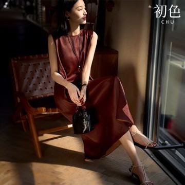 初色 純色氣質垂感綁繩收腰不規則衣長圓領無袖中長裙連衣裙連身洋裝-酒紅色-11471(M-XL可選)