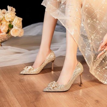 金色婚鞋秀禾婚紗兩穿新娘鞋級感水鉆法式34高跟鞋小碼女鞋313233