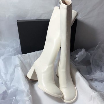 森嶼海巷 素雅氣質~圓頭高跟側拉鏈優雅ins彈力瘦瘦不過膝長靴女