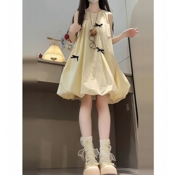 【夏季顯瘦】小個子高級寬鬆花苞短裙 無袖甜美蝴蝶結背心 仙女連衣裙 背心連身裙 連身裙短裙
