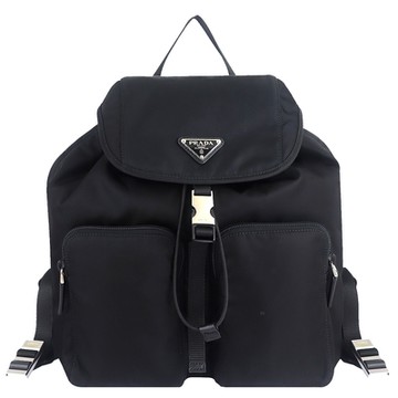 PRADA 黑色尼龍三角牌皮邊押扣縮口後背包