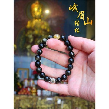 峨眉山祈愿黑金曜石手鏈男士s925純銀扎基拉姆女財神轉運珠串禮物