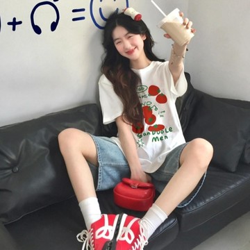 紅色番茄印花純棉短袖女生上衣 印花寬鬆情侶短袖T 上衣女 美式t  夏新款正肩設計感小眾上衣女寬鬆ins