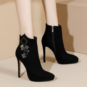 超高跟真皮氣質單靴秋冬新款防水臺細跟水鉆尖頭宴會短靴馬丁靴