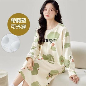 【韓國K.W.】帶胸墊長袖(睡裙/女睡衣/居家服/連身洋裝/洋裝)