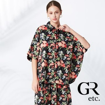 【GLORY21】網路獨賣款-etc.滿版花卉彩染連袖造型襯衫-黑色