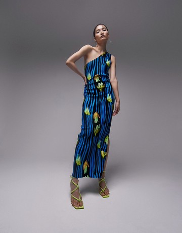 Topshop one shoulder rib jersey midi dress in tulip print-Multi
