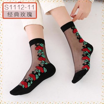 防滑純棉底中筒夏季玻璃蕾絲襪短薄款水晶襪子女防滑透明冰絲花邊