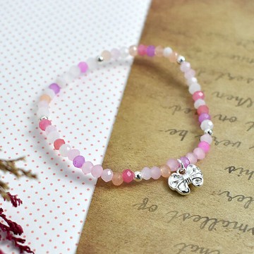 兒童銀飾 純銀蝴蝶結粉嫩珠珠彈性手鍊【NPA121】