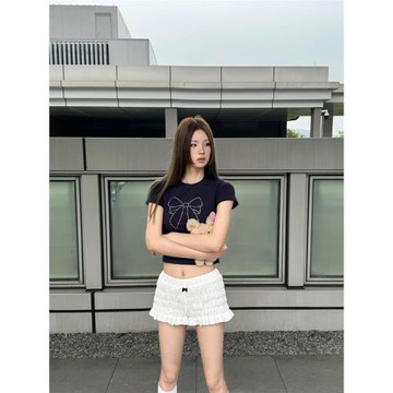 白色蝴蝶結高腰泡泡短褲女2025夏季新款松緊休閑顯瘦闊腿花苞褲