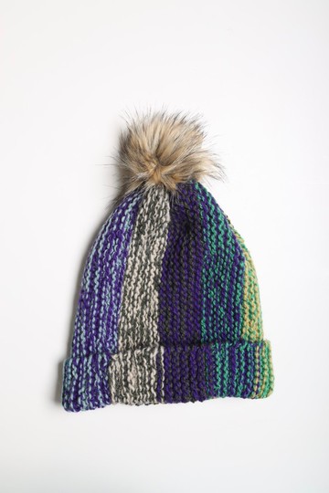 /潮流精品/藍紫直條紋雜線毛帽細軟純美麗諾羊毛帽/手工編織藝術