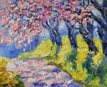 櫻花畫春天油畫原作 Chlossoms Painting Spring Landscape Original Art Park Alley