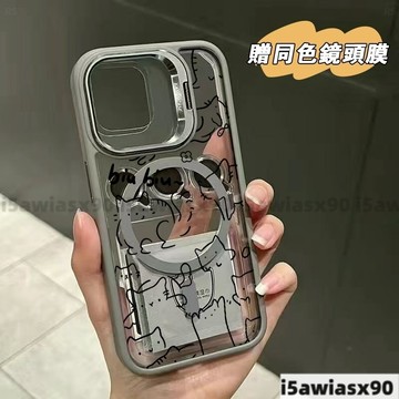 線條猫咪Magsafe磁吸金屬鏡頭支架 iPhone 16 15 14 13 12 11 Pro Max手機殼