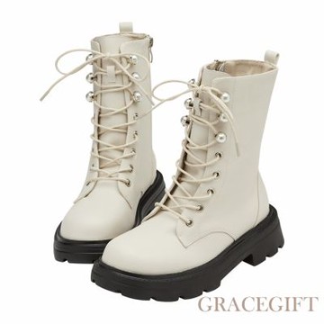【Grace Gift】小貓聯名-名媛微光珍珠輕量厚底綁帶靴 米白