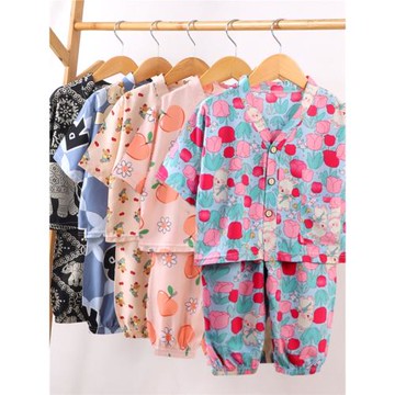 兒童家居服綿綢套裝夏季男女童睡衣人造棉兩件套棉綢空調服童裝套